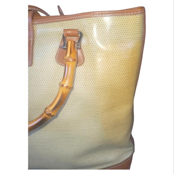Dooney & Burke 70's Vintage Panama Collection Bamboo Handle Tan and Cream Bag - Picture 10 of 11